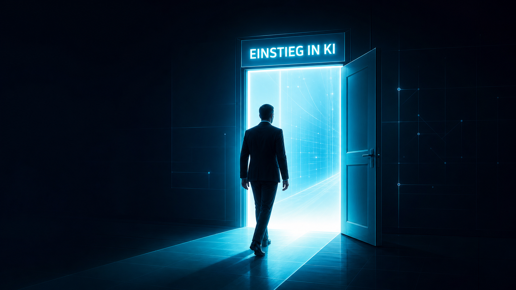 Eine Person geht durch eine leuchtende Tür mit der Aufschrift Einstieg in KI